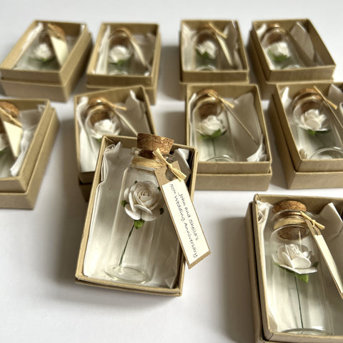 25 Personalised Cream Paper Rose Glass Bottle Favors with Custom Tags