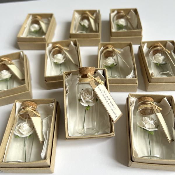 10 Personalised Handmade Cream Paper Rose Glass Bottle Favors with Custom Tags