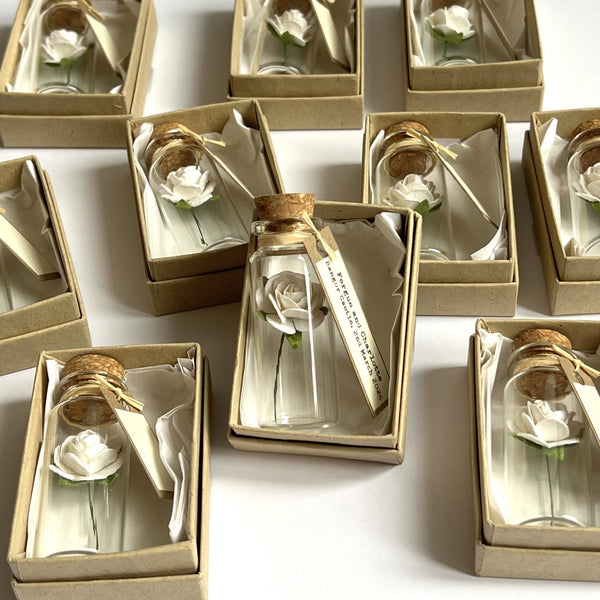 10 Personalised Handmade Cream Paper Rose Glass Bottle Favors with Custom Tags
