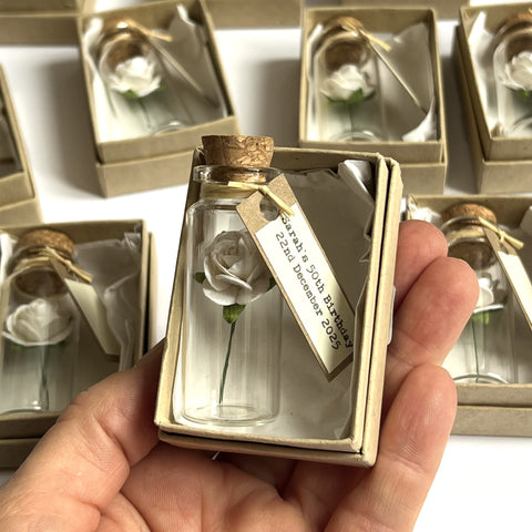 10 Personalised Handmade Cream Paper Rose Glass Bottle Favors with Custom Tags