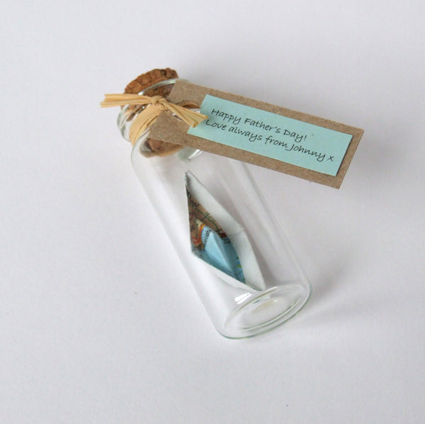 Father's Day Gift - Tiny Personalised Paper Ship In A Bottle - Made In Words