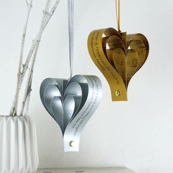 Silver Wedding Anniversary Gift - Personalised Silver Sheet Music Heart Decoration - Made In Words