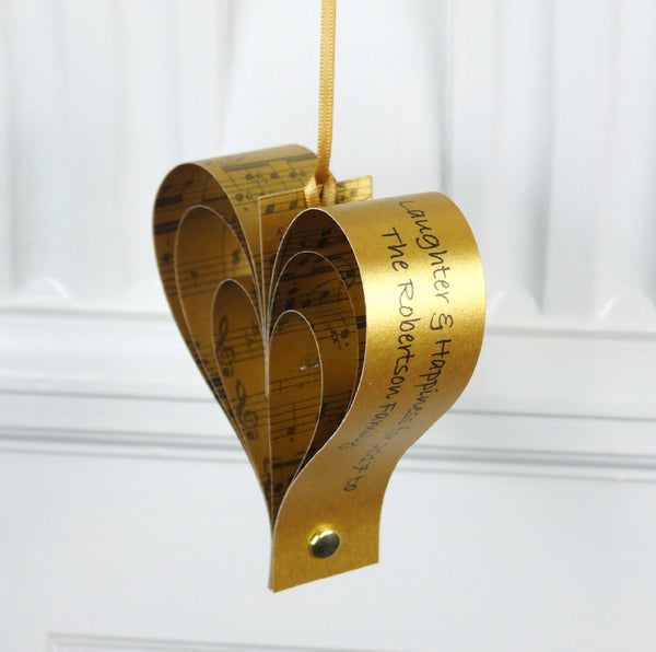 Golden Wedding Anniversary Gift - Gold Sheet Music Personalised Heart Decoration - Made In Words