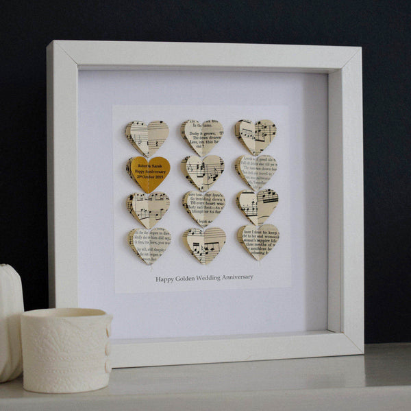 Golden Wedding Anniversary Gifts - Gold Heart Personalised Framed Picture - Made In Words