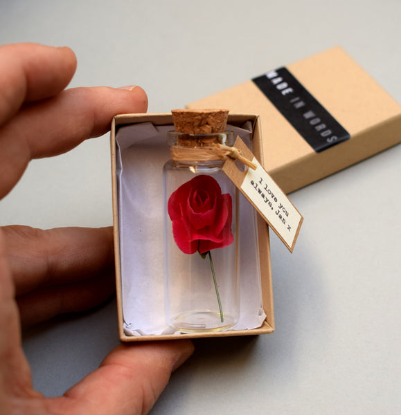 Tiny Open Rose In A Bottle Personalised Keepsake