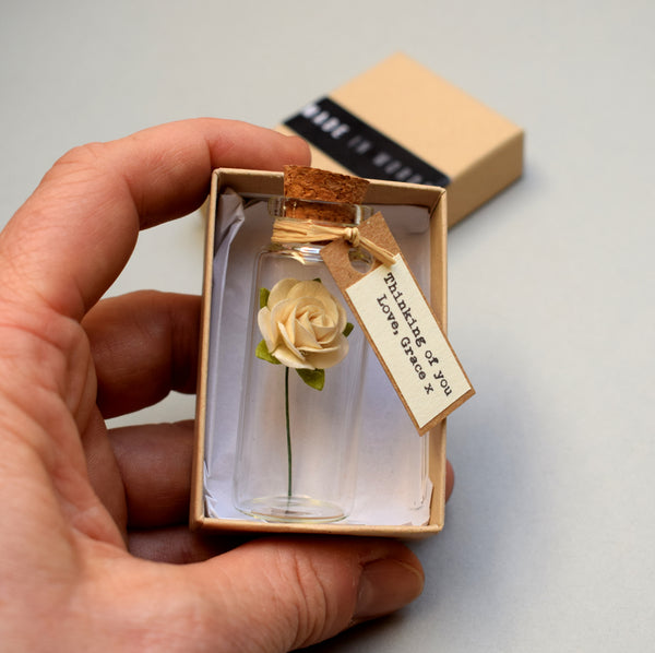 Tiny Open Rose In A Bottle Personalised Keepsake