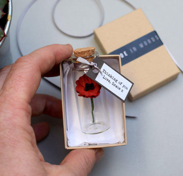 Tiny Paper Poppy In A Bottle With Personalised Message